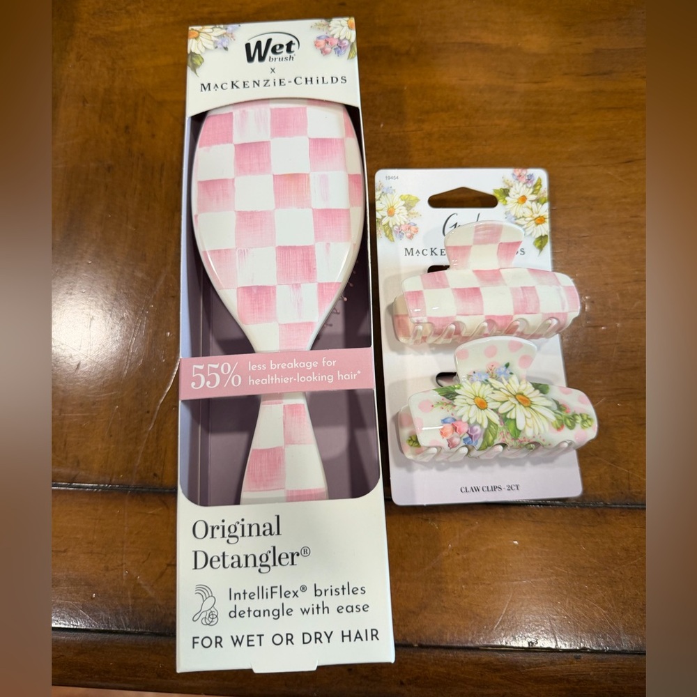MacKenzie-Childs Pink and White Check Hair Brush and Claw Clips Set